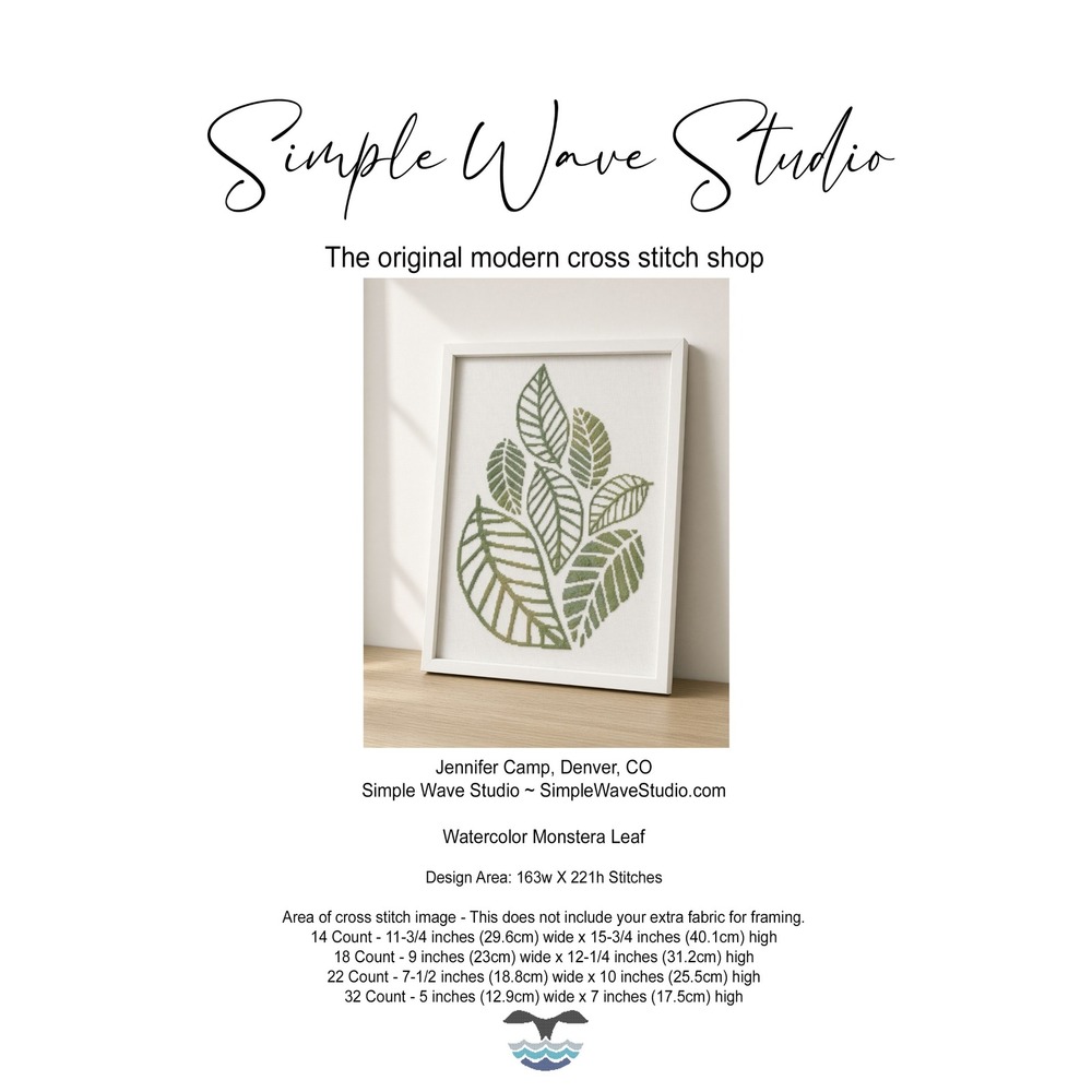 Watercolor Monstera Leaf Modern Cross Stitch Pattern Chart
